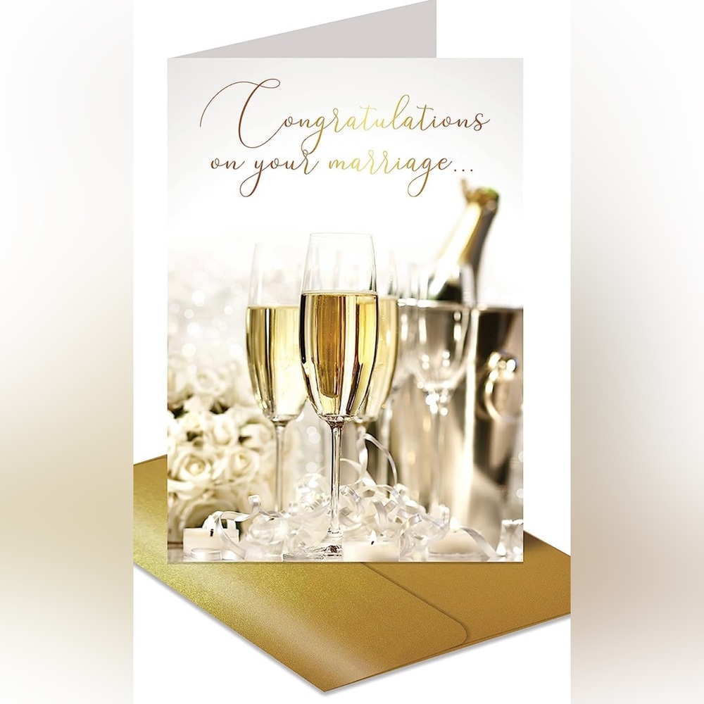 🆕 (2) Wedding Greeting Cards, Metallic Gold Foil, Gold Envelope, 5 x 7”